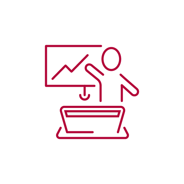 Icon depicting a figure presenting a chart with upward trend.