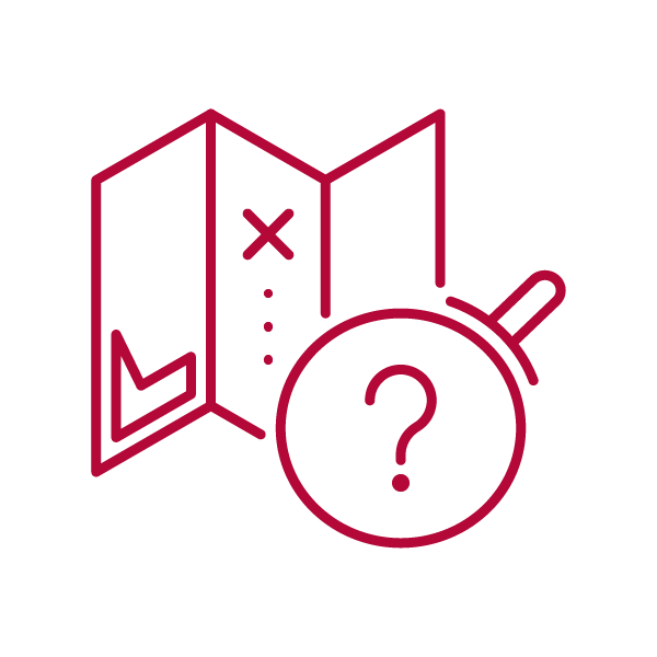 Icon of a map with a location marker and a question mark.