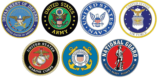 Emblems of seven U.S. military branches on a white background.