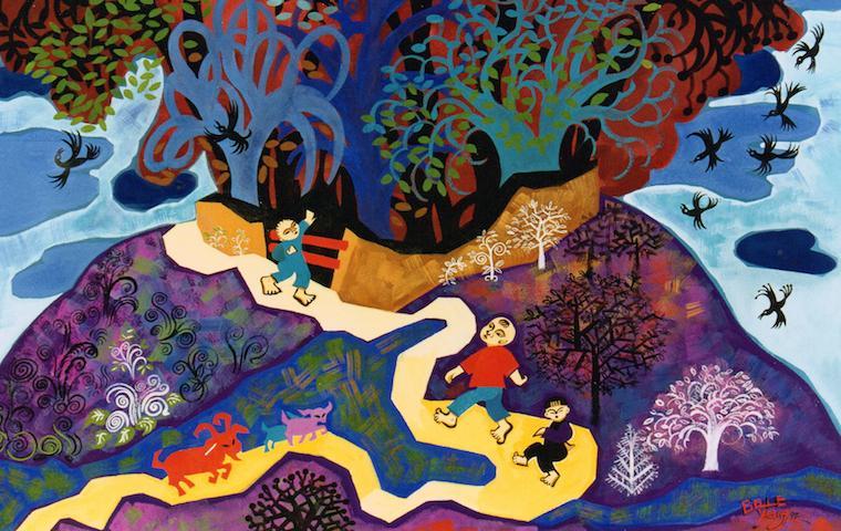 Colorful landscape painting titled 