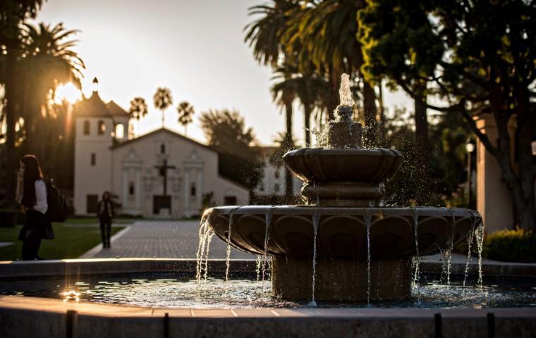 Closeup of fountain with Mission Church in background