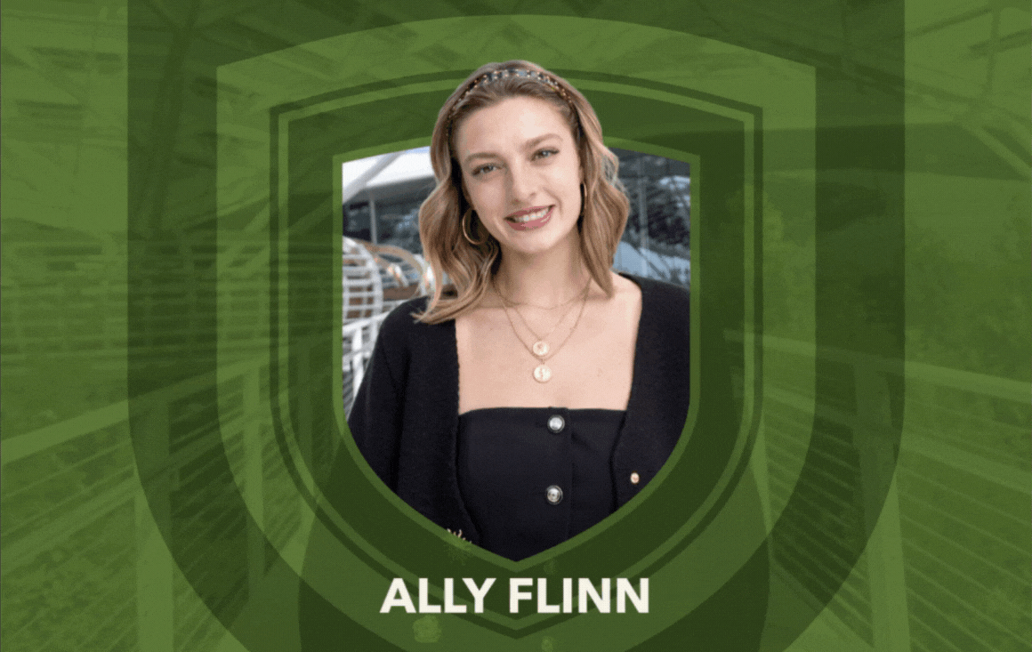 Ally Flinn in front of Nvidia atrium with shield animation