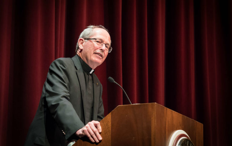 President Engh at podium during 2018 State of the University address