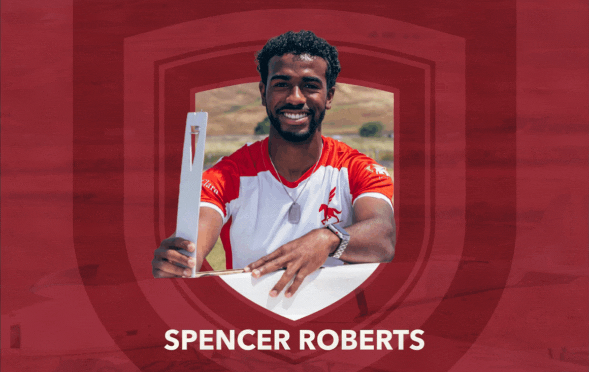 A GIF of Spencer Roberts working on a Design, Build and Fly airplane with a graphic shield animation revealing the plane