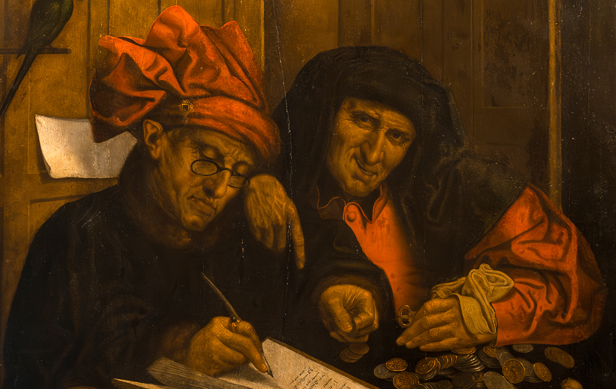 Painting of two men from the Renaissance era look over financial books, one looking directly at the viewer.