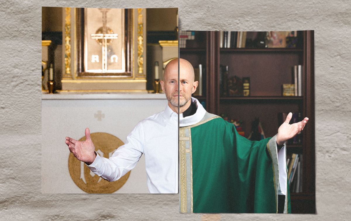 A composite of two images of Fr. Matt Carnes, half in the Mission church wearing a dress shirt and the other half in an alb in a classroom.