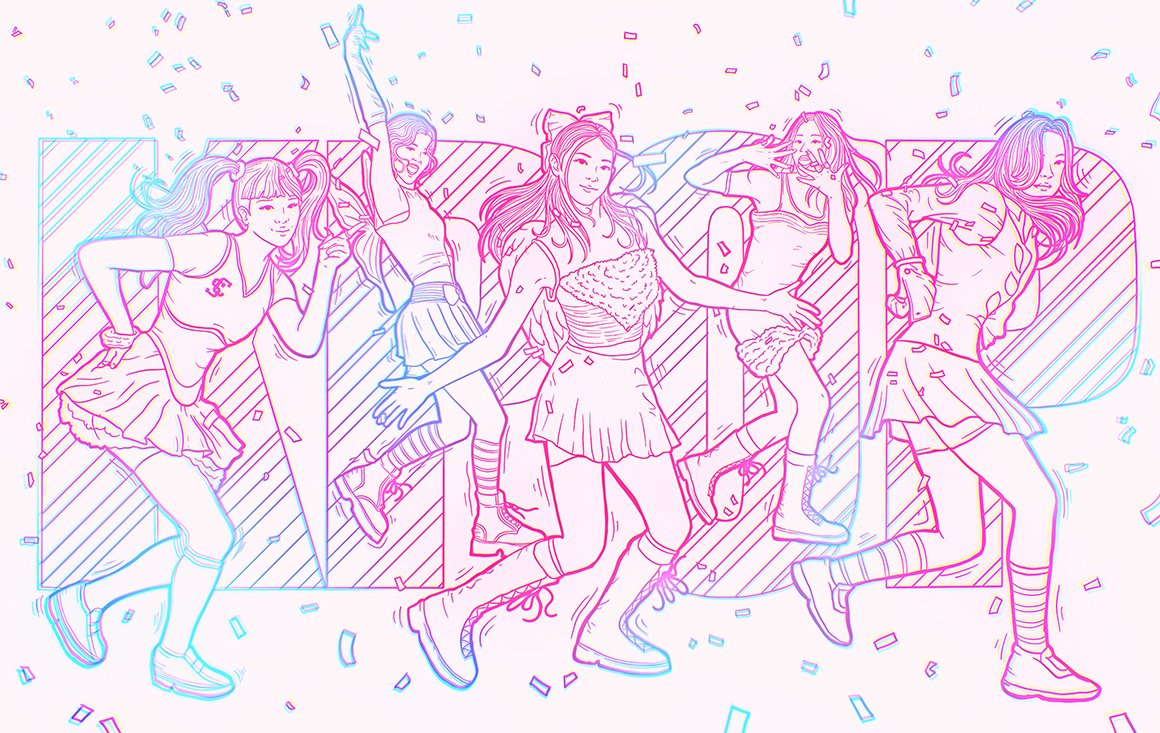 A vibrant pastel line drawing of five students dancing to K-pop music with confetti falling.