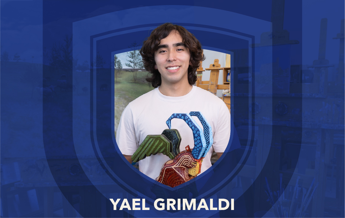 Yael Grimaldi surrounded by blue shield.