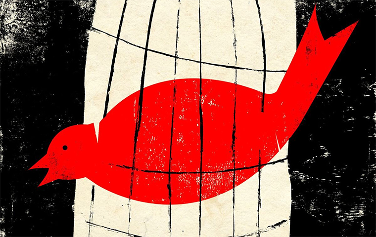 Illustration of a red bird in a cage