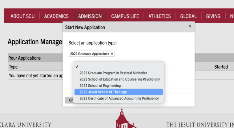 Alt text: Santa Clara University application portal with login fields and application options.