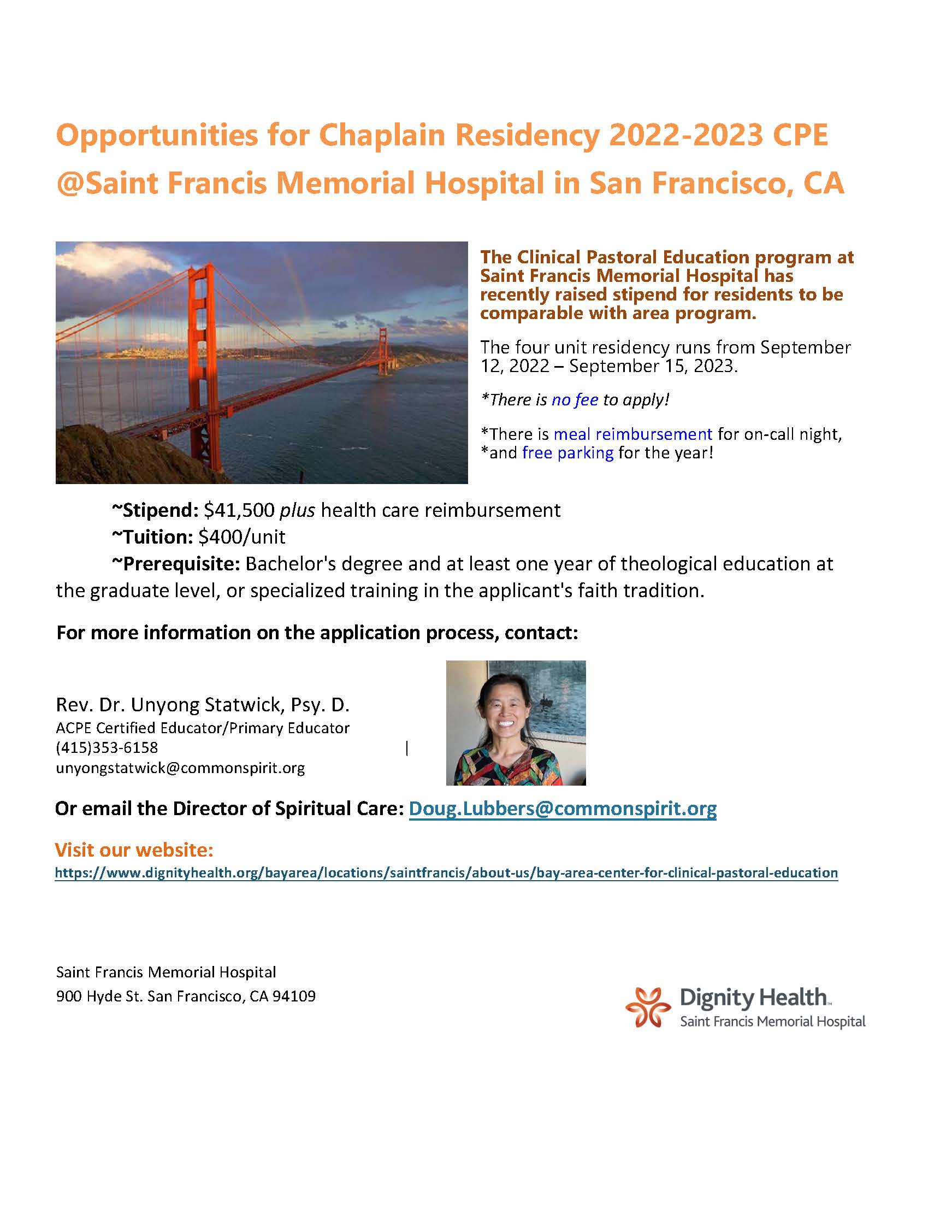 Ad for CPE SF 2022-2023 program with text and images of the cityscape and a person.