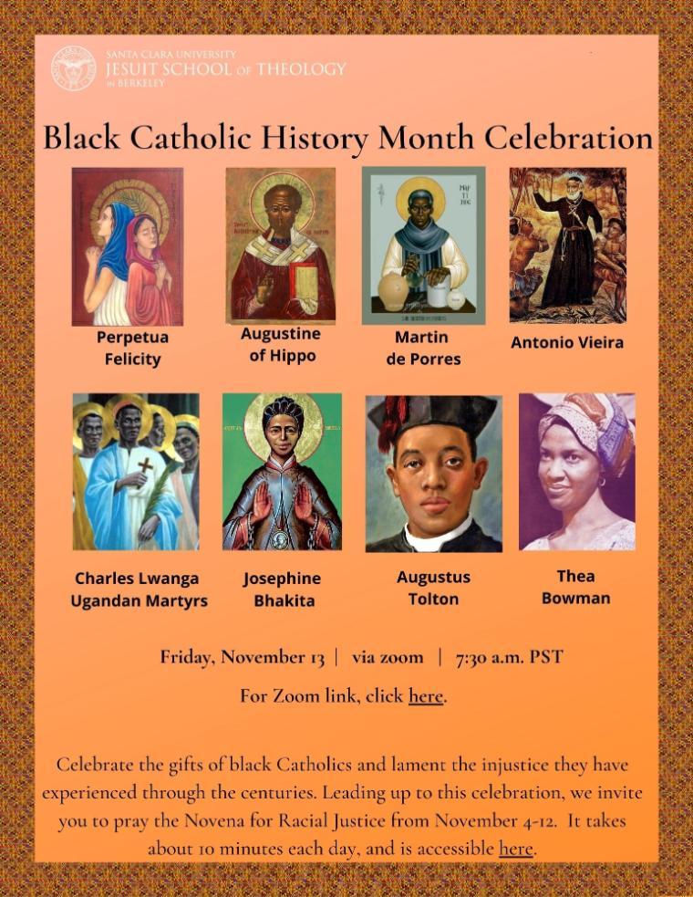 Black Catholic History Month Celebration flyer with saints' images and event details at St. Francis Xavier Church.
