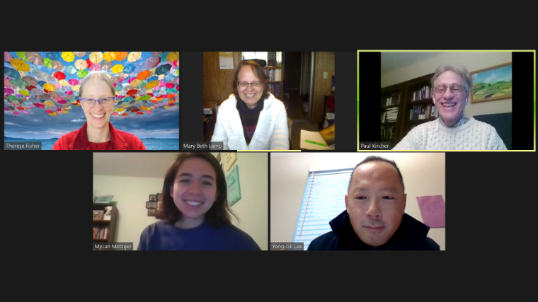 Five people on a video call titled 