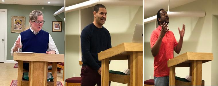 Three people giving speeches at podiums in a classroom setting.