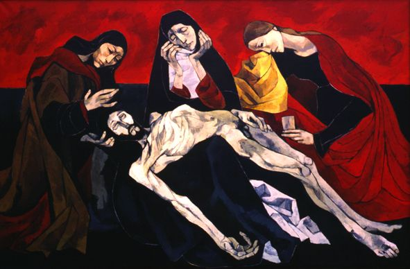Painting titled 'La Pieta de Avignon Tecnica' depicting a scene of mourning.