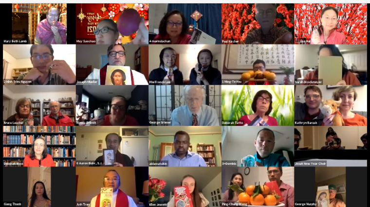 Virtual celebration of Lunar New Year with participants in colorful attire and festive decorations.