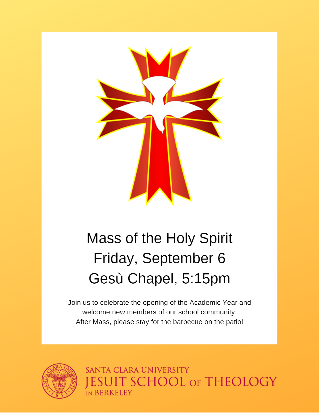 invitation to Mass and Fall BBQ on Sept. 6, 5:15