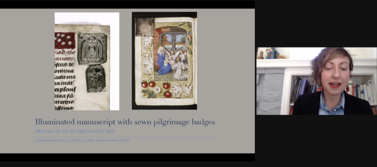 A person hosting a virtual book release party with book pages on display.