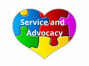 Heart-shaped puzzle with text 'Service and Advocacy' inside.