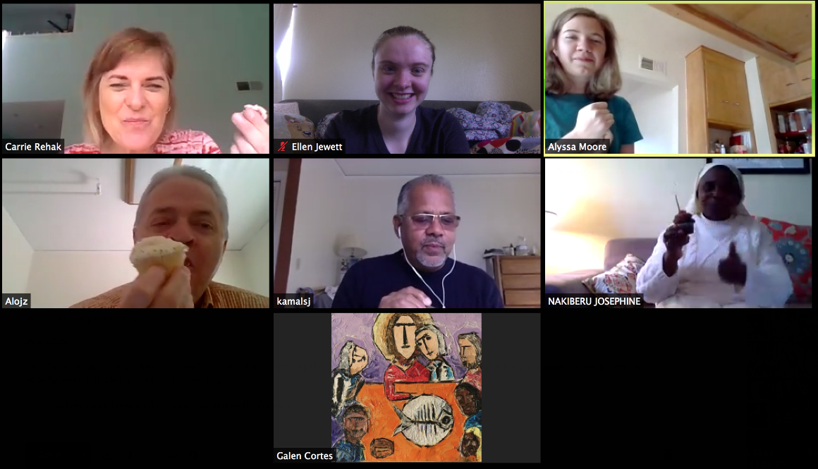 Screenshot of Josephine Nakiberu's virtual birthday celebration with six participants.