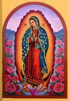 Image of Our Lady of Guadalupe with a floral background.