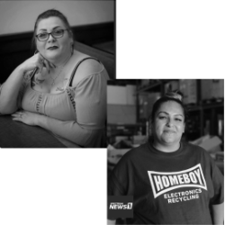 Two women in separate black and white photos titled 'homegirls'.