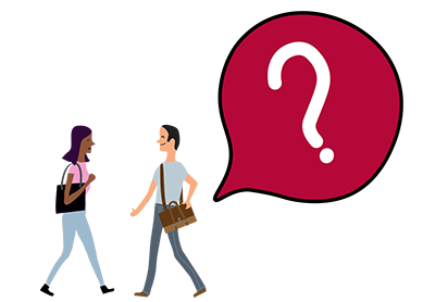 Man and woman with question mark in background