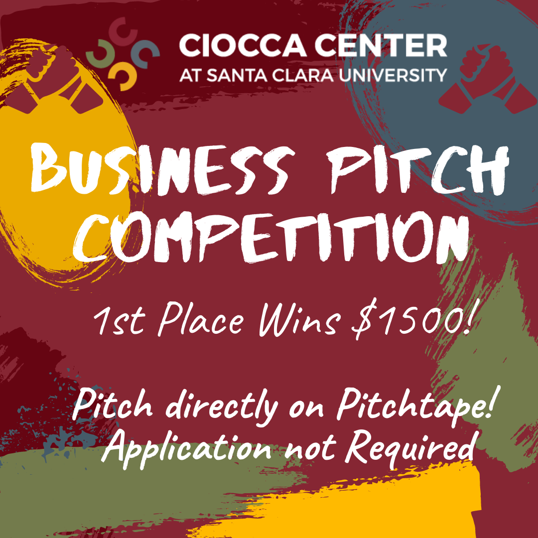"CROCKA CENTER" in stylized text at the top with the tagline "BE BOLD. MAKE A DIFFERENCE."
Brightly colored splashes of paint in the background.
Text on the image:
"BUSINESS PITCH COMPETITION
1st Place Wins $1,500!
Pitch directly on Pitchboard.
Applicat