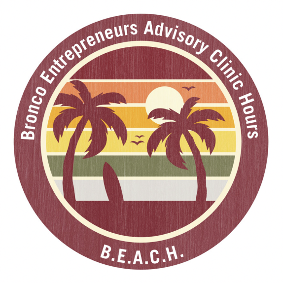 Alt text: "Sunset, palm trees, and waves logo with text: 'Since Everyone Already Comes Here, S.E.A.C.H.'"