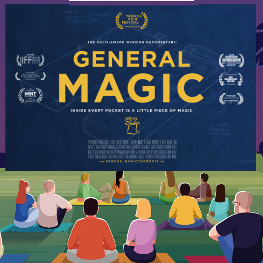 "General Magic" movie screen with audience sitting on the green grass.