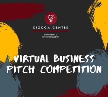 "Virtual Business Pitch Competition" written on abstract background with yellow, red, and grey shapes.