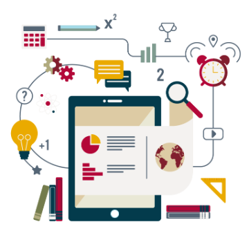 Alt text: "Illustration of digital tablet surrounded by various academic and technological icons."