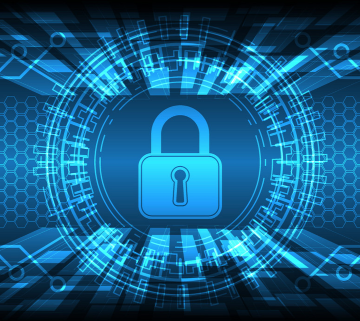 Alt text: Digital lock icon with blue futuristic patterns.