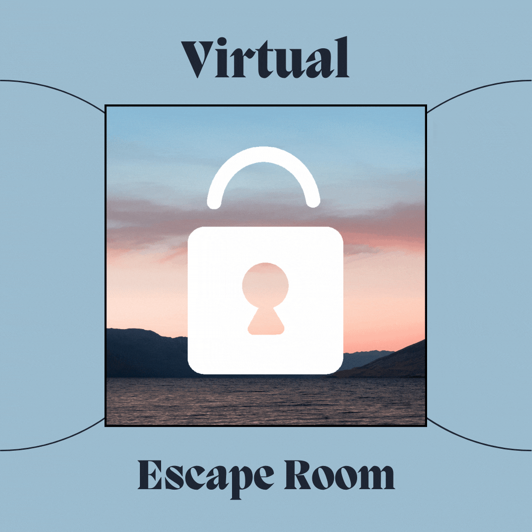 Alt text: "Virtual Escape Room logo with a padlock icon against a sunset background."