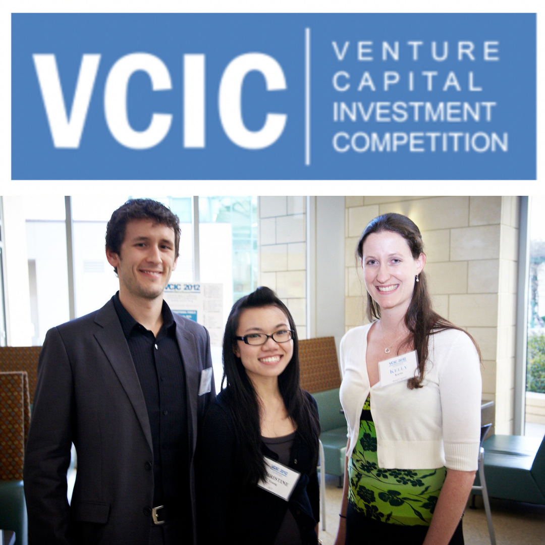 Three people at the Venture Capital Investment Competition (VCIC).