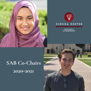 "SAB Co-Chairs 2023-2024" text and two people, one wearing a headscarf.