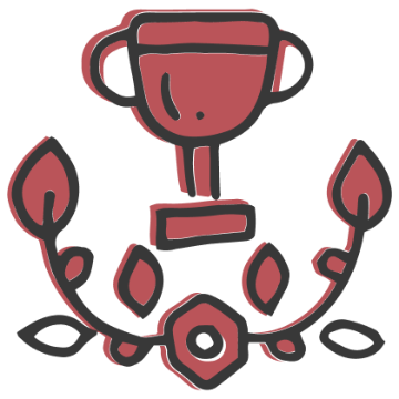 Trophy surrounded by laurel leaves and a gear at bottom.