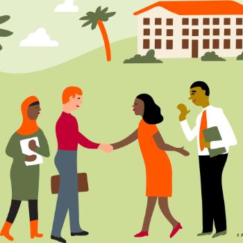 Illustration of people shaking hands and meeting in front of Lucas Hall