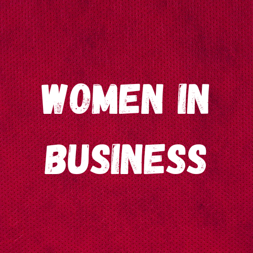 Red square with white letters that say 