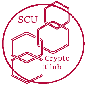 red circle with four hexagons on the side that says SCU crypto club