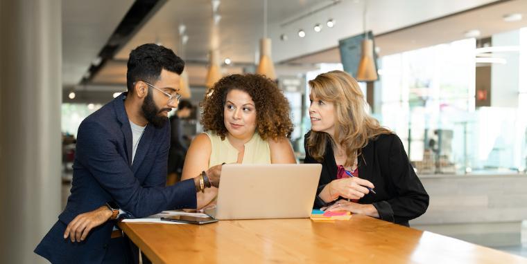 Business professions discussing over a laptop 