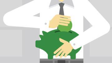 Illustration of a person holding bags of money labeled 