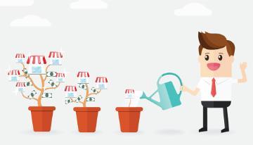 Cartoon man watering plants growing into a bar graph.