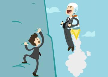 Illustration of a businessperson climbing and another using a jetpack labeled 