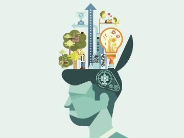 Illustration of a person with nature and industrial elements inside their head.