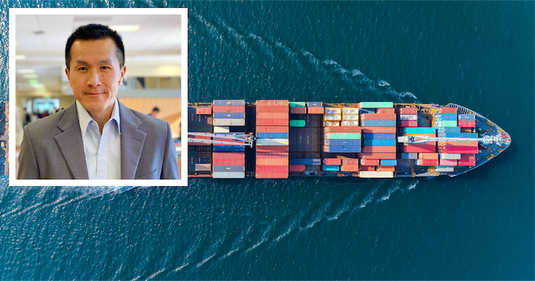 Shipping container with Leavey faculty Andy Tsay headshot