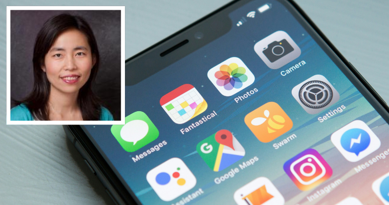 Leavey professor Savannah Wei Shi headshot over phone with apps