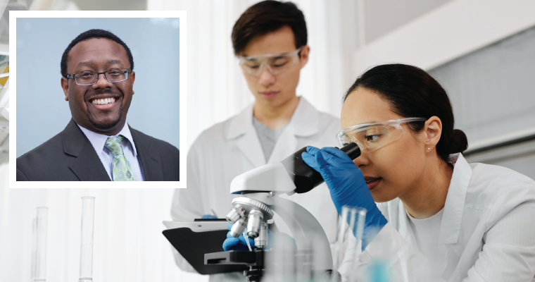 Headshot of Leavey MBA alumnus Nathan Rapp overlayed on scientists in a lab