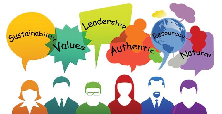 Illustration of people with colorful speech bubbles labeled 