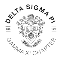 Delta Sigma Pi logo in black with Greek letters and a figure